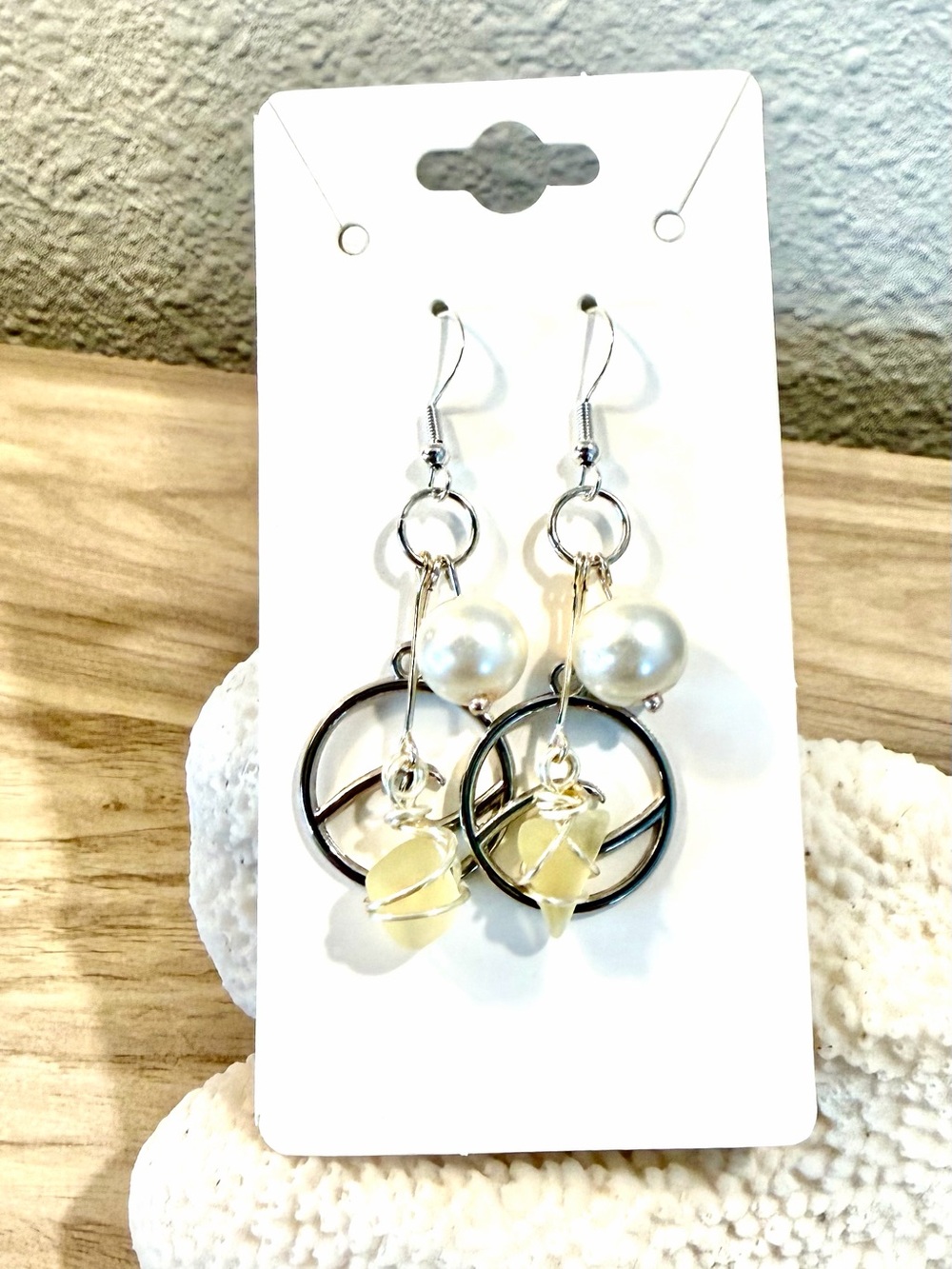 102. Elegant Pearl and Yellow Glass Dangle Earrings - Women Jewelry